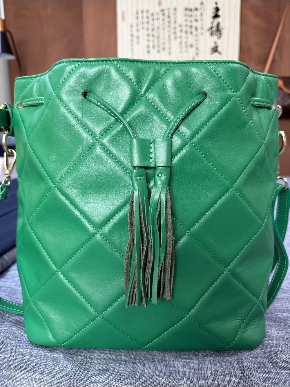 Green genuine Leather bucket Tote with Italian Craftsmanship